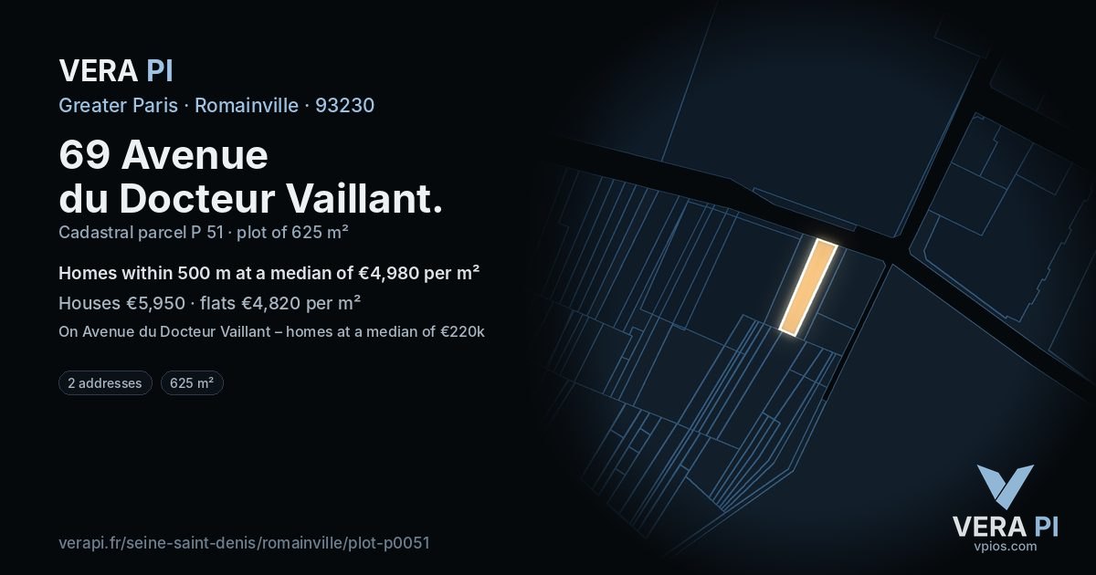 69 Avenue du Docteur Vaillant, Romainville at night – the plot lit, the parcels around coloured by the prices near them