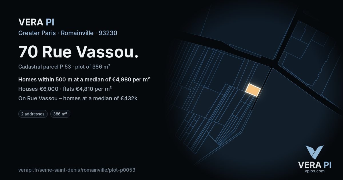 70 Rue Vassou, Romainville at night – the plot lit, the parcels around coloured by the prices near them