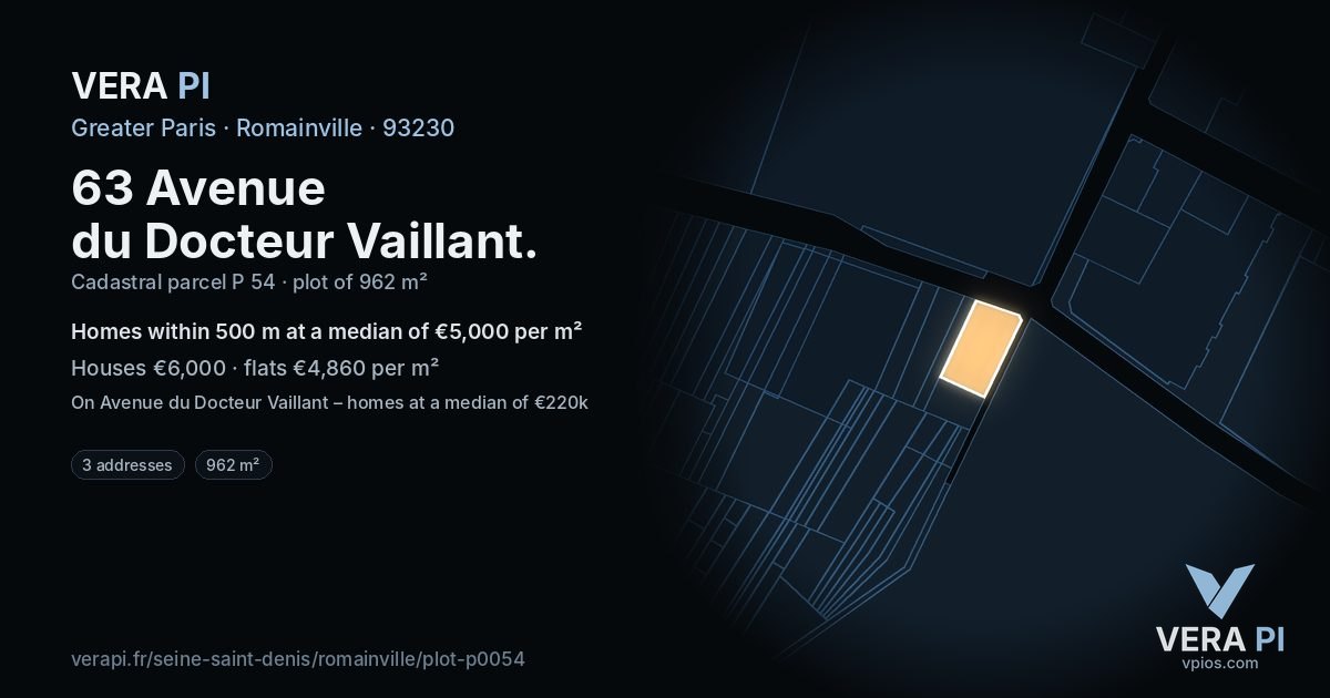 63 Avenue du Docteur Vaillant, Romainville at night – the plot lit, the parcels around coloured by the prices near them