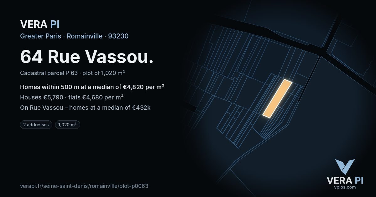 64 Rue Vassou, Romainville at night – the plot lit, the parcels around coloured by the prices near them