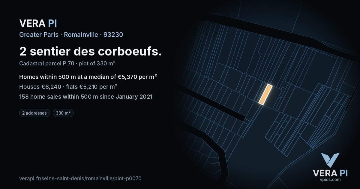 2 sentier des corboeufs, Romainville at night – the plot lit, the parcels around coloured by the prices near them
