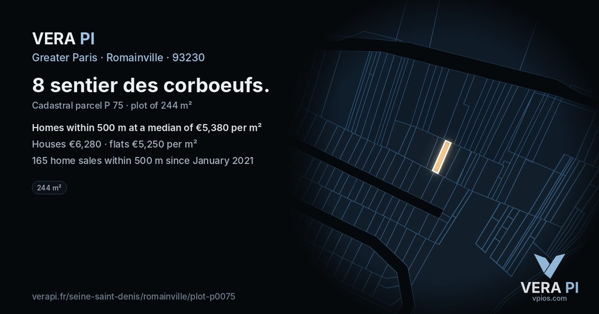 8 sentier des corboeufs, Romainville at night – the plot lit, the parcels around coloured by the prices near them