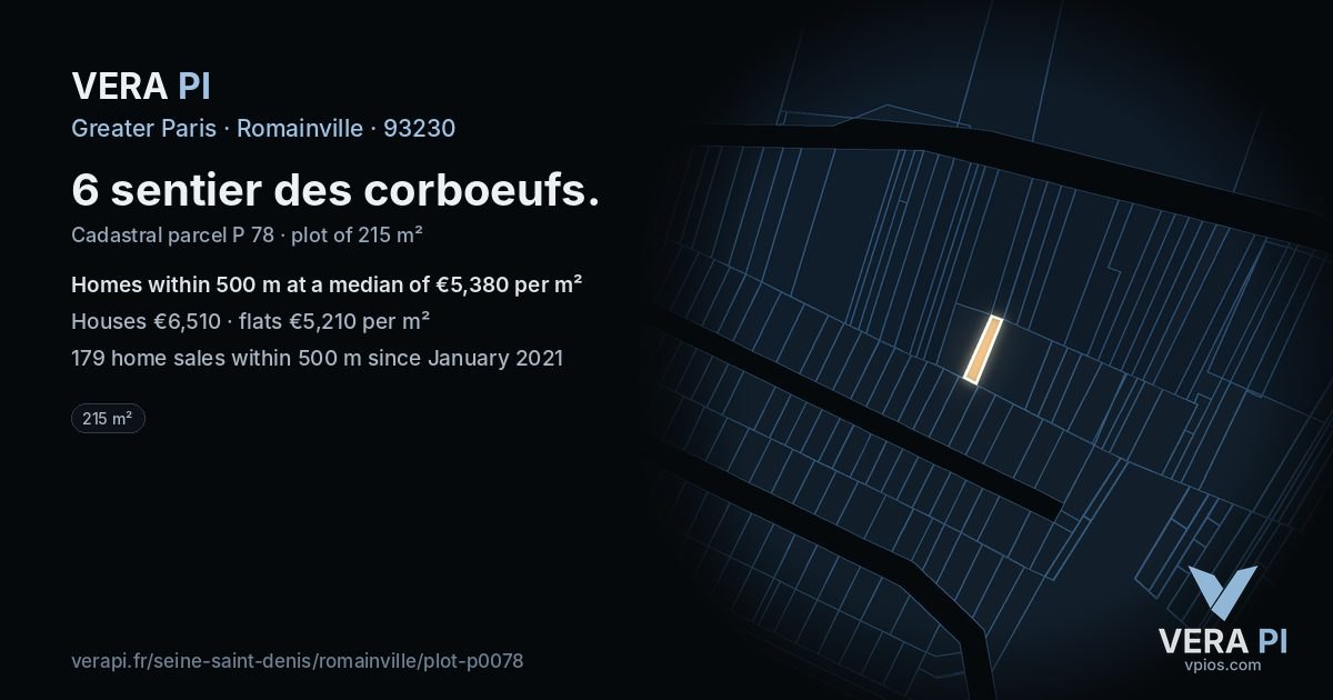 6 sentier des corboeufs, Romainville at night – the plot lit, the parcels around coloured by the prices near them