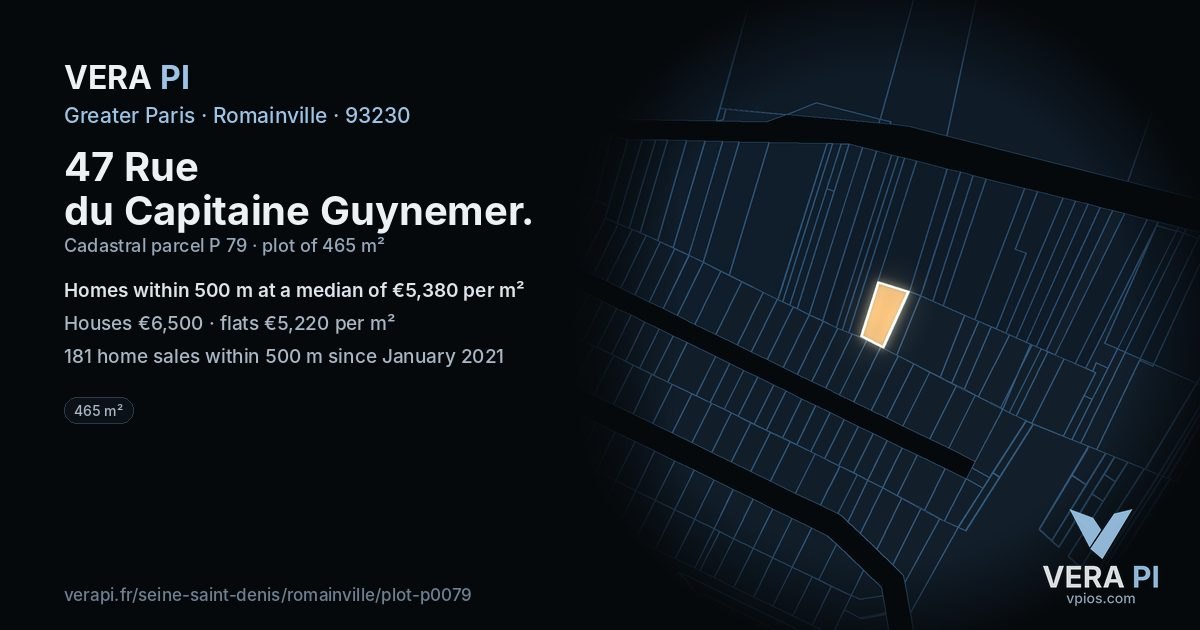 47 Rue du Capitaine Guynemer, Romainville at night – the plot lit, the parcels around coloured by the prices near them