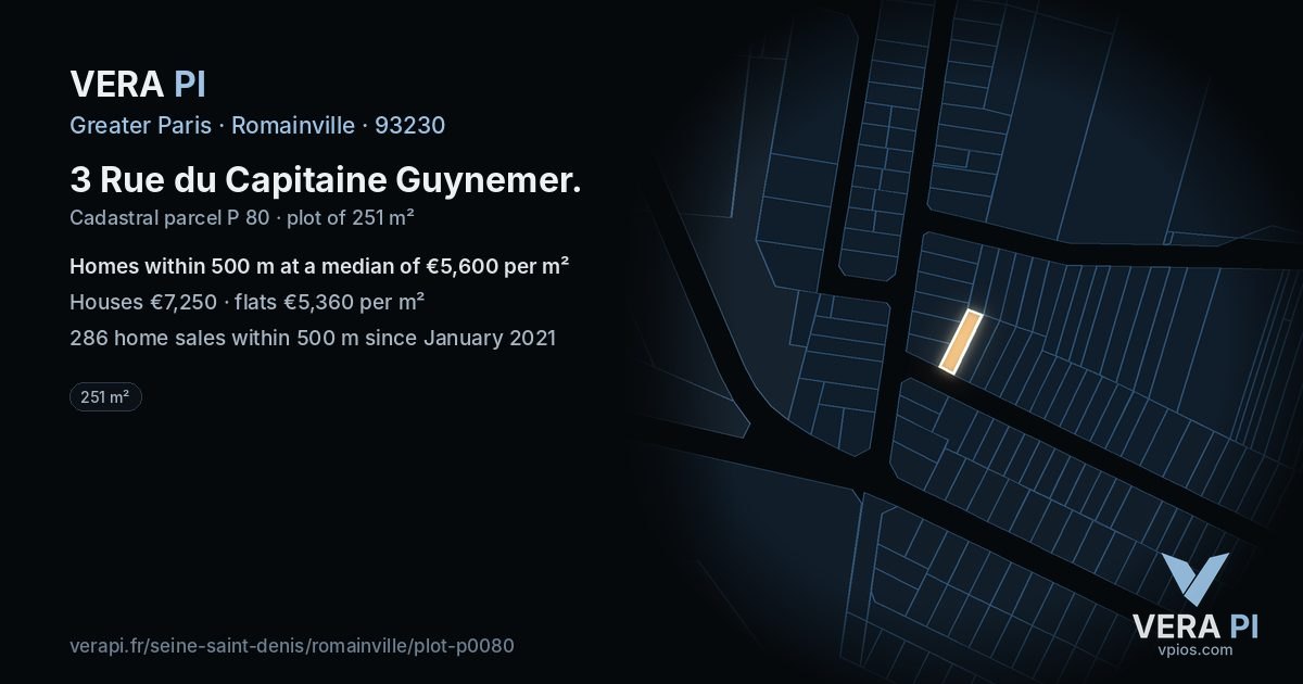 3 Rue du Capitaine Guynemer, Romainville at night – the plot lit, the parcels around coloured by the prices near them