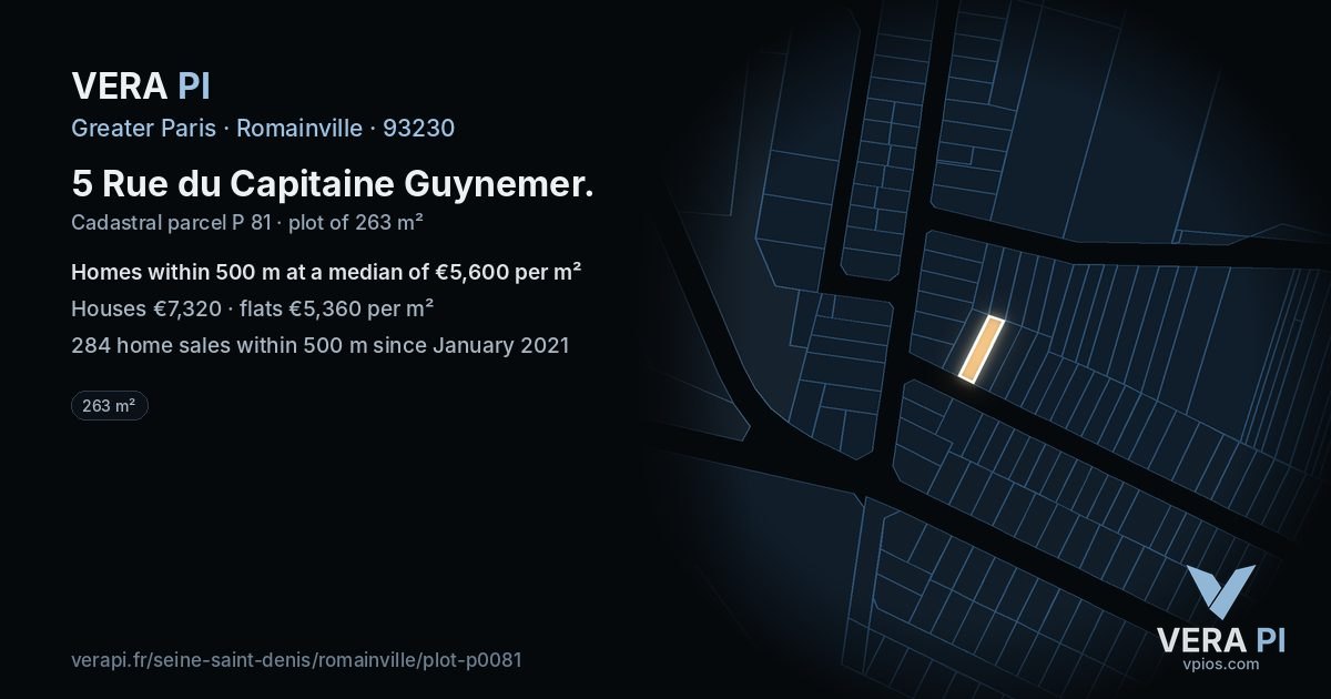 5 Rue du Capitaine Guynemer, Romainville at night – the plot lit, the parcels around coloured by the prices near them