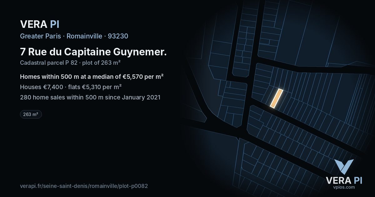 7 Rue du Capitaine Guynemer, Romainville at night – the plot lit, the parcels around coloured by the prices near them