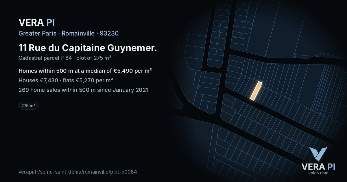 11 Rue du Capitaine Guynemer, Romainville at night – the plot lit, the parcels around coloured by the prices near them