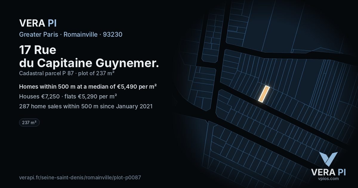 17 Rue du Capitaine Guynemer, Romainville at night – the plot lit, the parcels around coloured by the prices near them