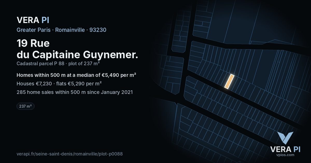 19 Rue du Capitaine Guynemer, Romainville at night – the plot lit, the parcels around coloured by the prices near them