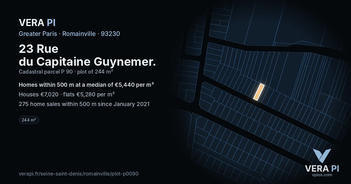 23 Rue du Capitaine Guynemer, Romainville at night – the plot lit, the parcels around coloured by the prices near them