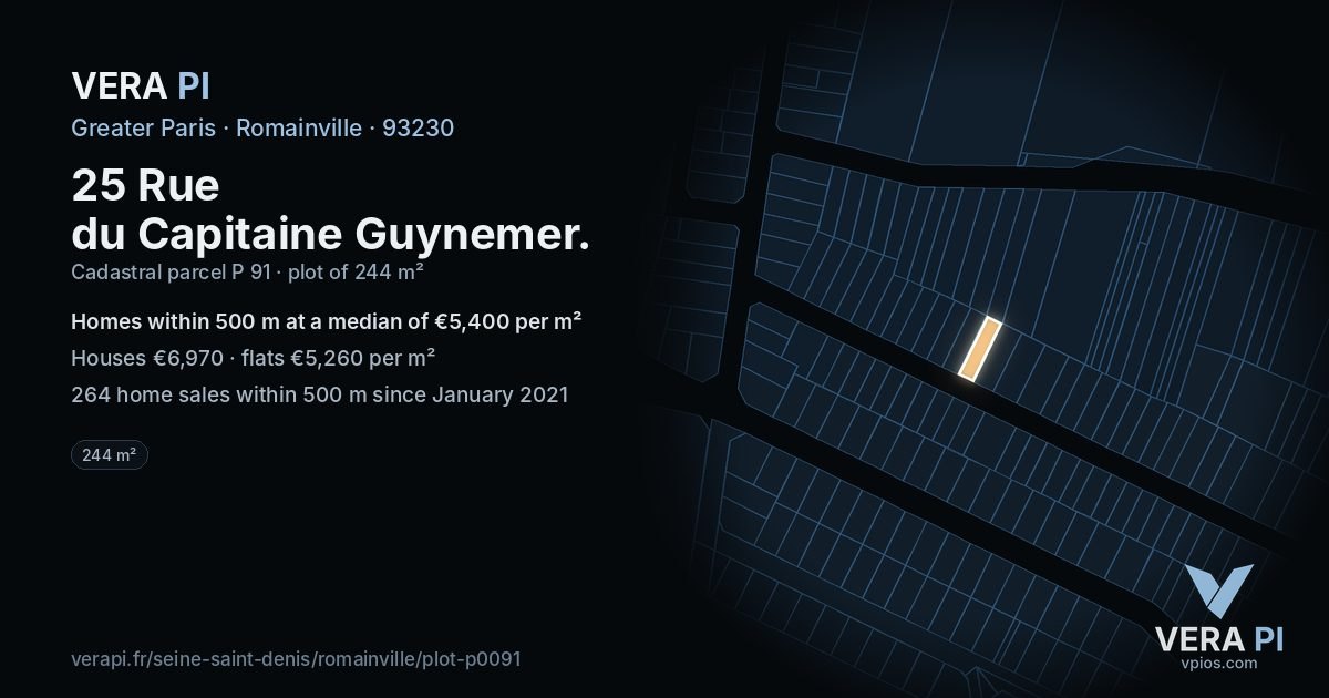 25 Rue du Capitaine Guynemer, Romainville at night – the plot lit, the parcels around coloured by the prices near them