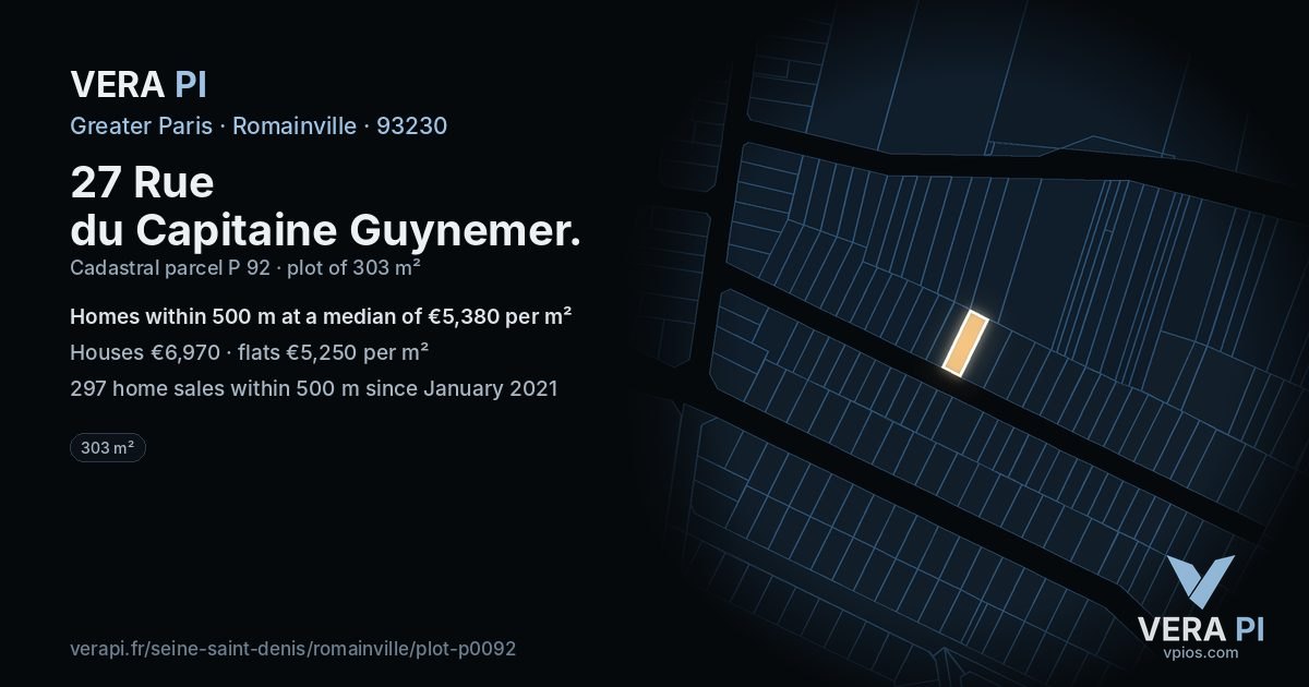 27 Rue du Capitaine Guynemer, Romainville at night – the plot lit, the parcels around coloured by the prices near them
