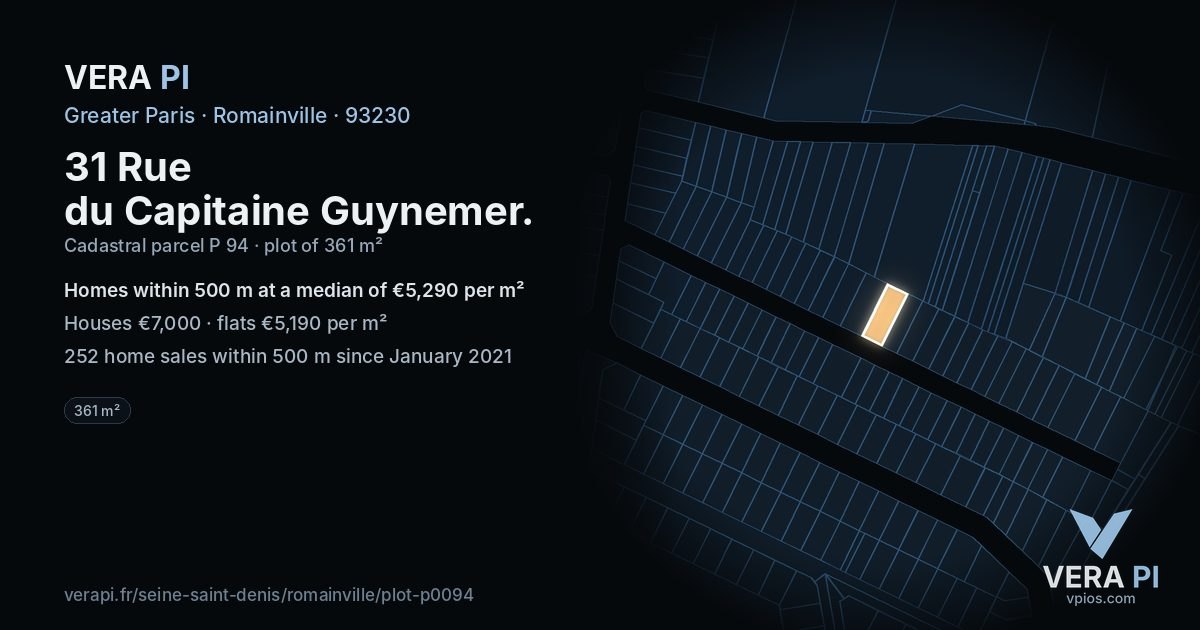 31 Rue du Capitaine Guynemer, Romainville at night – the plot lit, the parcels around coloured by the prices near them