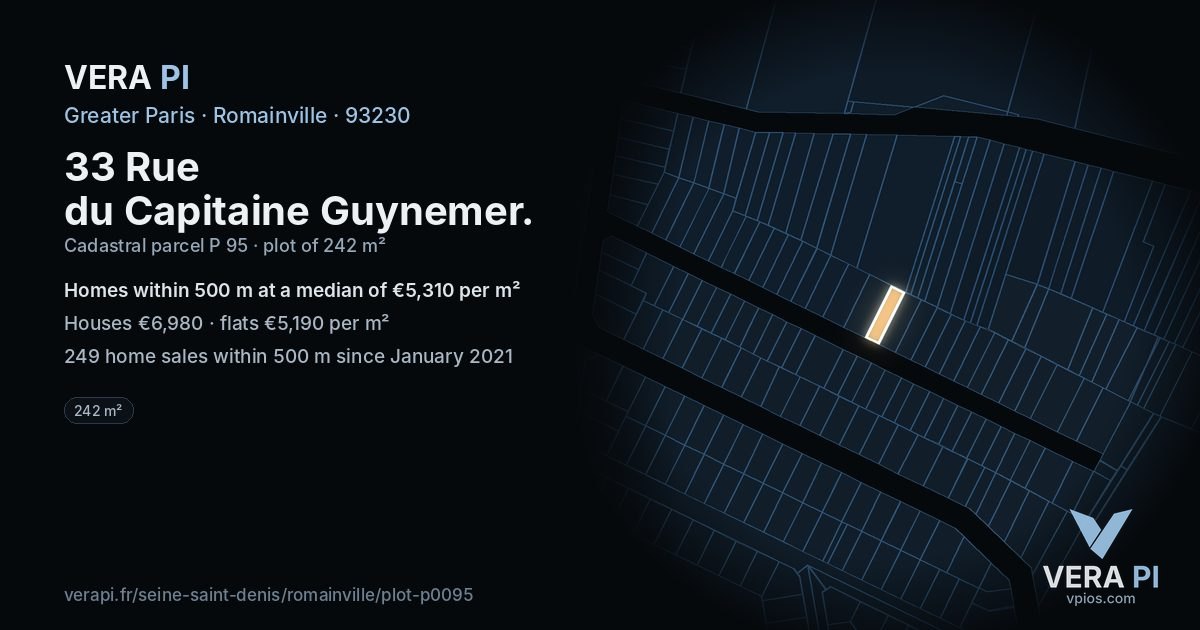 33 Rue du Capitaine Guynemer, Romainville at night – the plot lit, the parcels around coloured by the prices near them