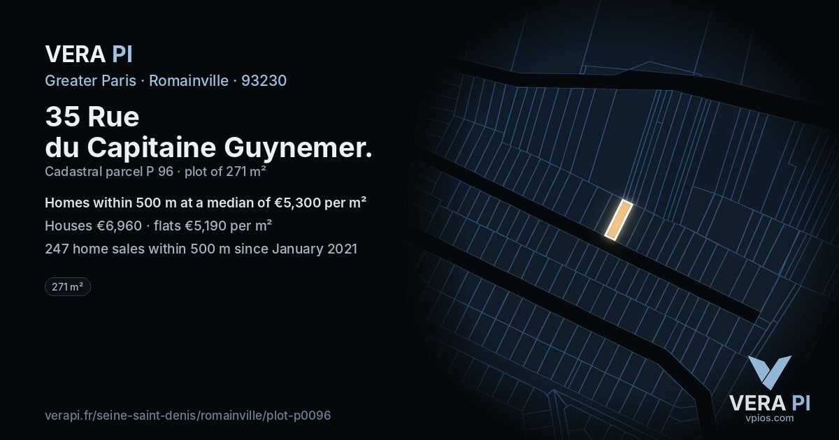 35 Rue du Capitaine Guynemer, Romainville at night – the plot lit, the parcels around coloured by the prices near them