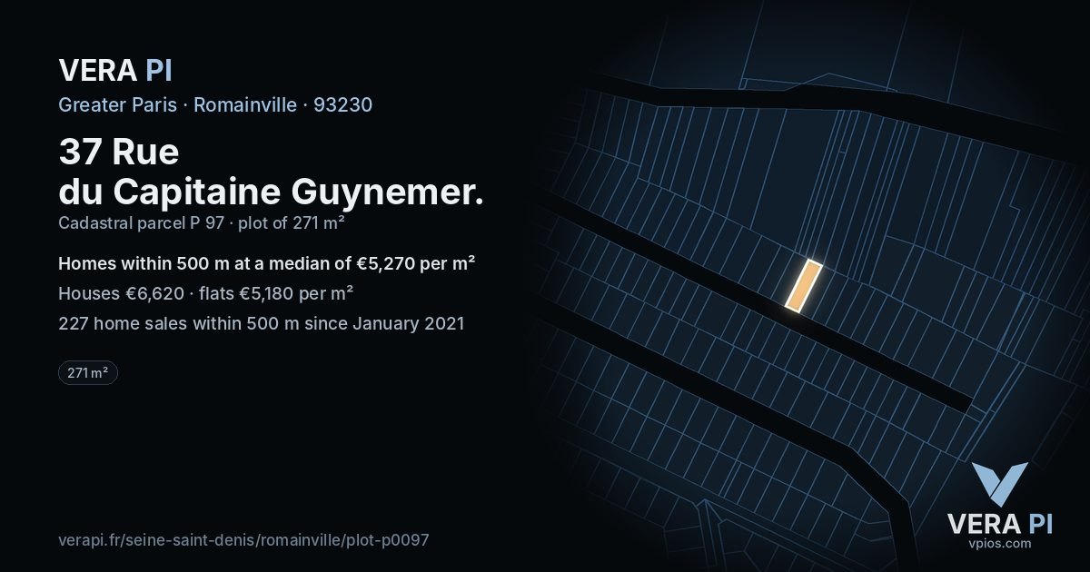 37 Rue du Capitaine Guynemer, Romainville at night – the plot lit, the parcels around coloured by the prices near them