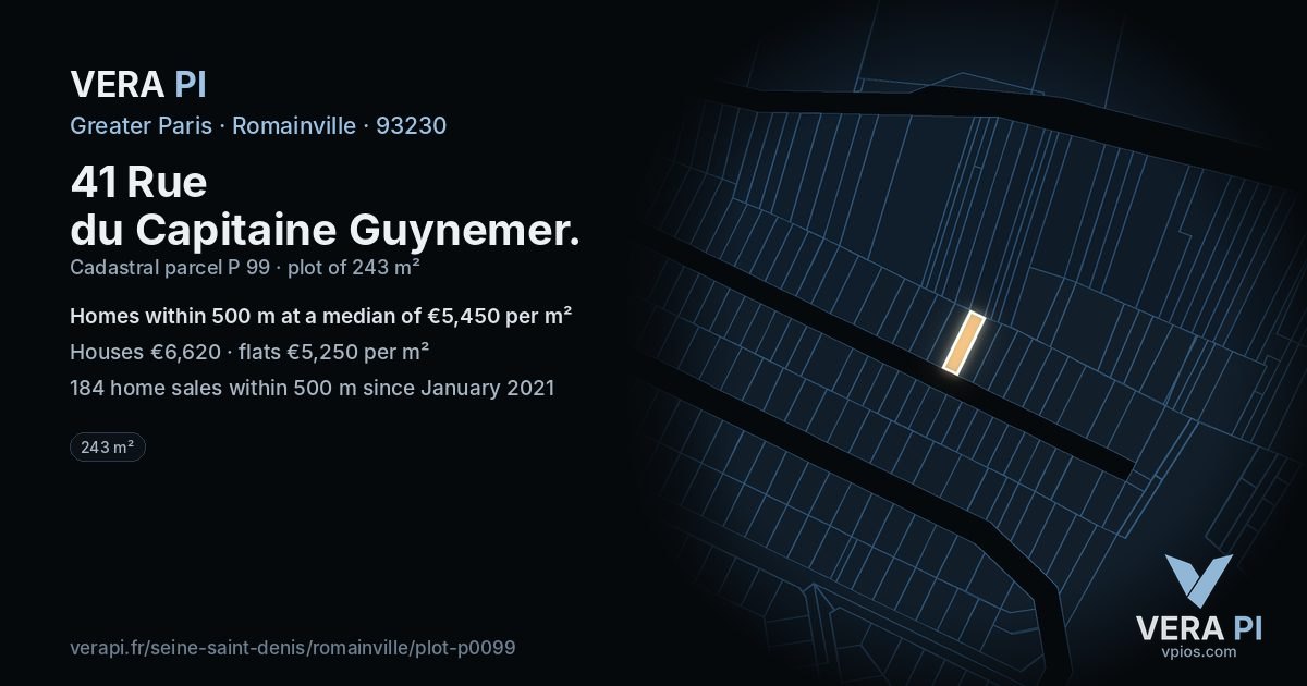 41 Rue du Capitaine Guynemer, Romainville at night – the plot lit, the parcels around coloured by the prices near them
