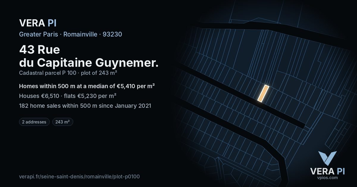 43 Rue du Capitaine Guynemer, Romainville at night – the plot lit, the parcels around coloured by the prices near them