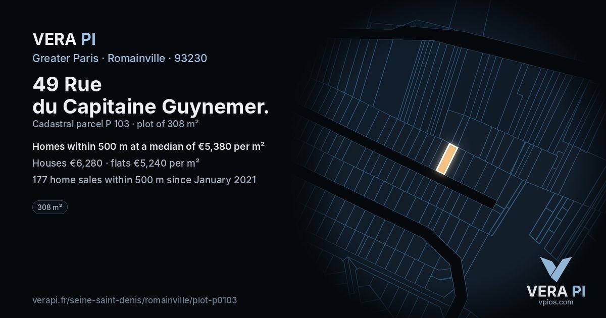 49 Rue du Capitaine Guynemer, Romainville at night – the plot lit, the parcels around coloured by the prices near them