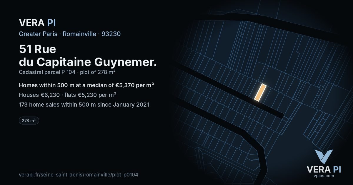 51 Rue du Capitaine Guynemer, Romainville at night – the plot lit, the parcels around coloured by the prices near them