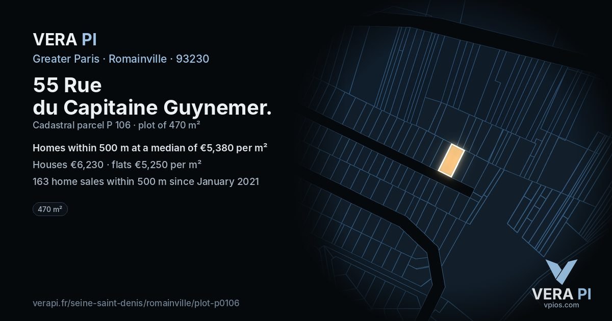 55 Rue du Capitaine Guynemer, Romainville at night – the plot lit, the parcels around coloured by the prices near them