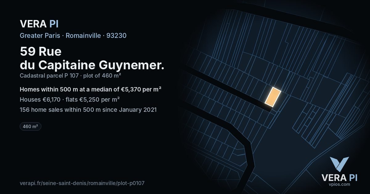 59 Rue du Capitaine Guynemer, Romainville at night – the plot lit, the parcels around coloured by the prices near them