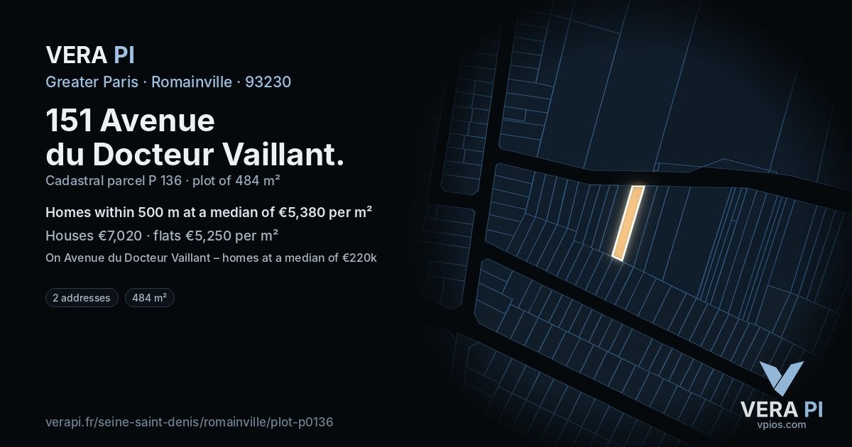 151 Avenue du Docteur Vaillant, Romainville at night – the plot lit, the parcels around coloured by the prices near them