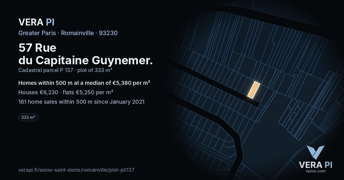 57 Rue du Capitaine Guynemer, Romainville at night – the plot lit, the parcels around coloured by the prices near them