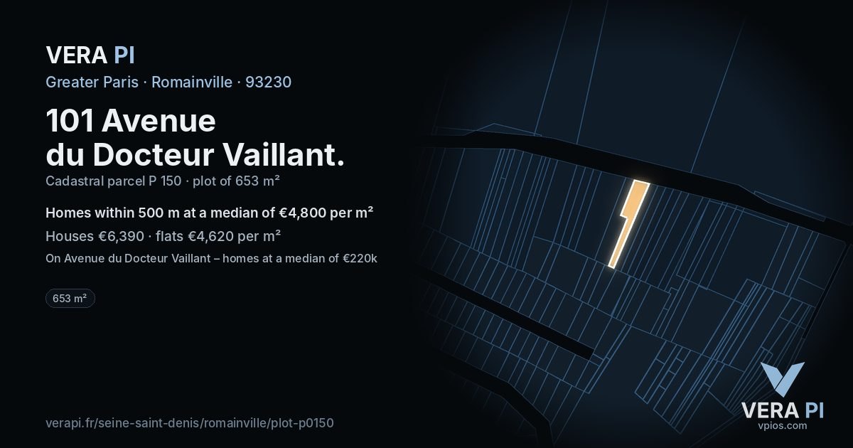 101 Avenue du Docteur Vaillant, Romainville at night – the plot lit, the parcels around coloured by the prices near them