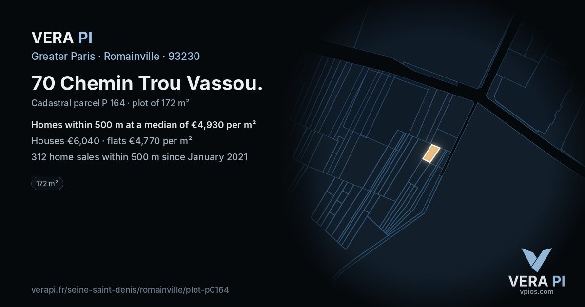 70 Chemin Trou Vassou, Romainville at night – the plot lit, the parcels around coloured by the prices near them