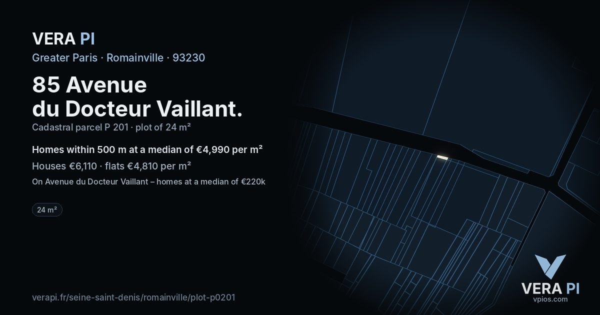 85 Avenue du Docteur Vaillant, Romainville at night – the plot lit, the parcels around coloured by the prices near them
