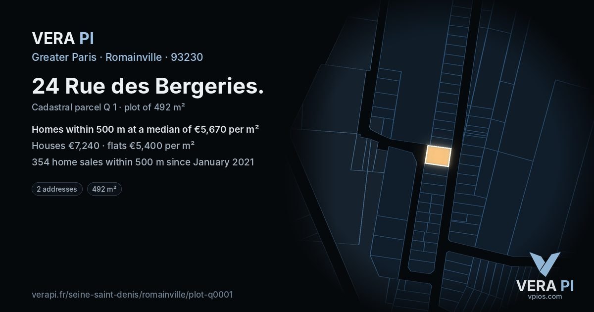24 Rue des Bergeries, Romainville at night – the plot lit, the parcels around coloured by the prices near them