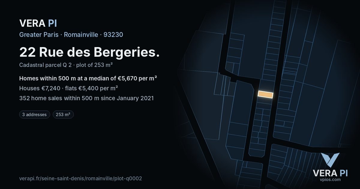 22 Rue des Bergeries, Romainville at night – the plot lit, the parcels around coloured by the prices near them