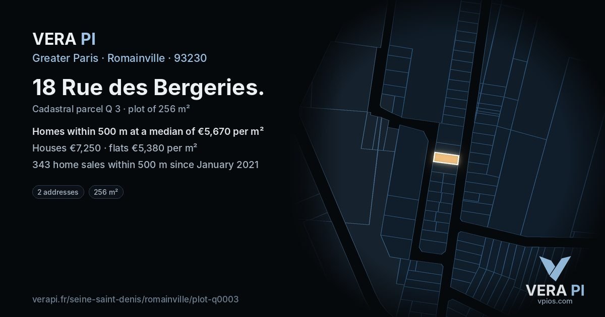 18 Rue des Bergeries, Romainville at night – the plot lit, the parcels around coloured by the prices near them