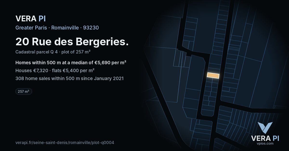 20 Rue des Bergeries, Romainville at night – the plot lit, the parcels around coloured by the prices near them