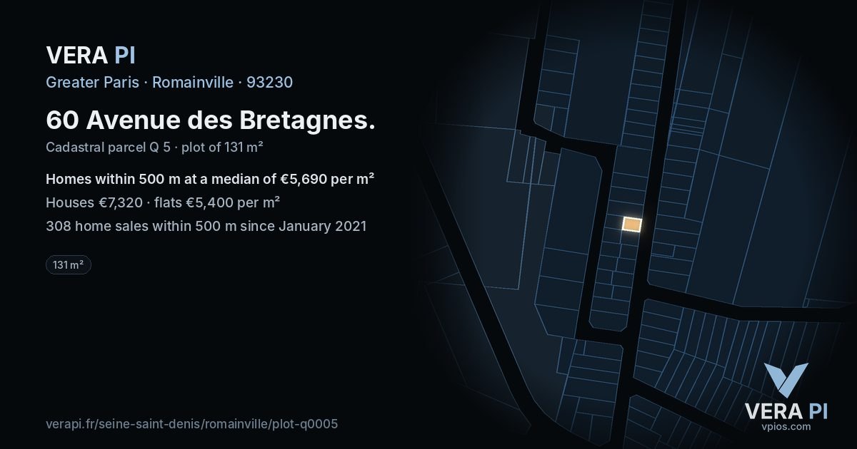 60 Avenue des Bretagnes, Romainville at night – the plot lit, the parcels around coloured by the prices near them