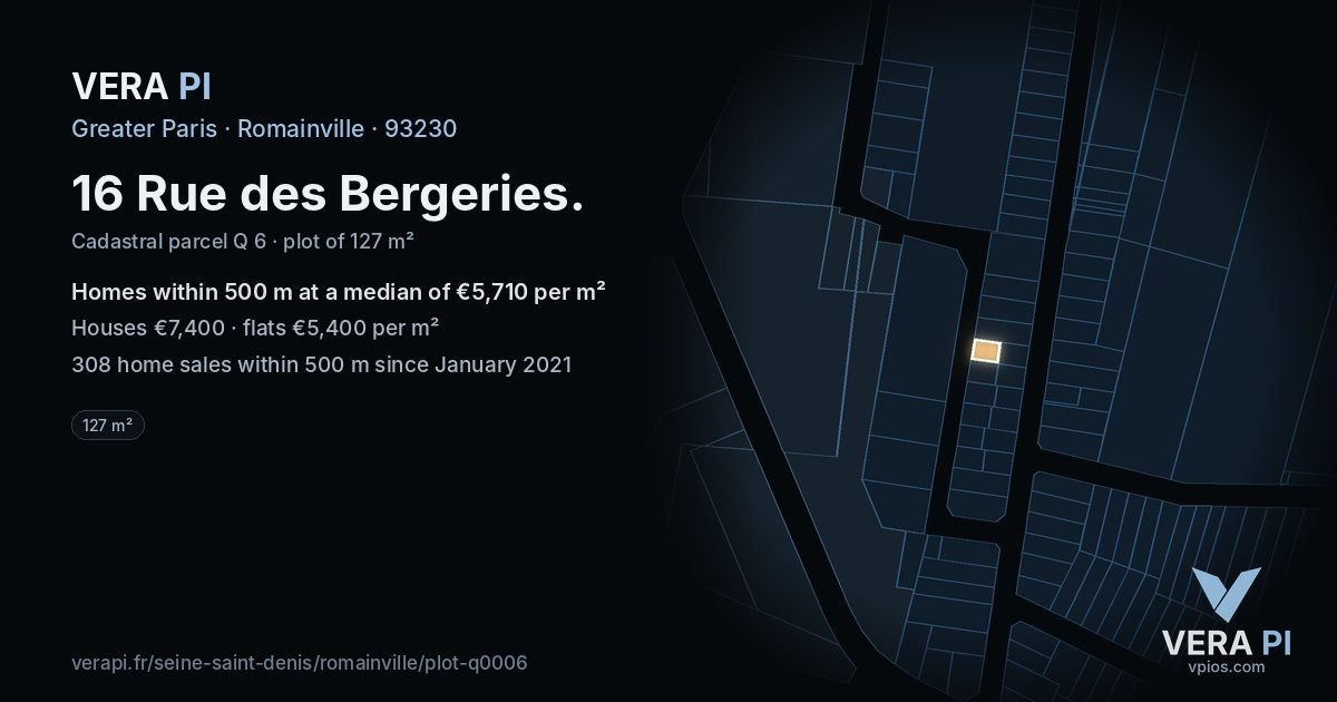 16 Rue des Bergeries, Romainville at night – the plot lit, the parcels around coloured by the prices near them