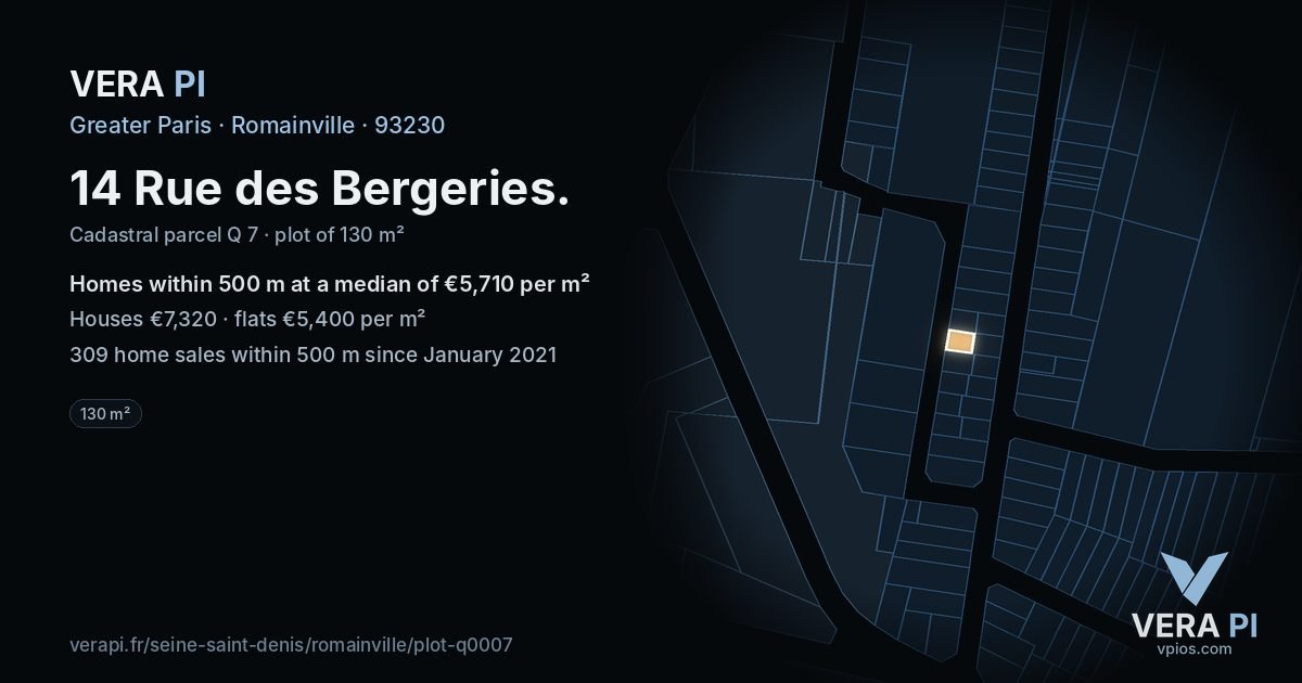 14 Rue des Bergeries, Romainville at night – the plot lit, the parcels around coloured by the prices near them