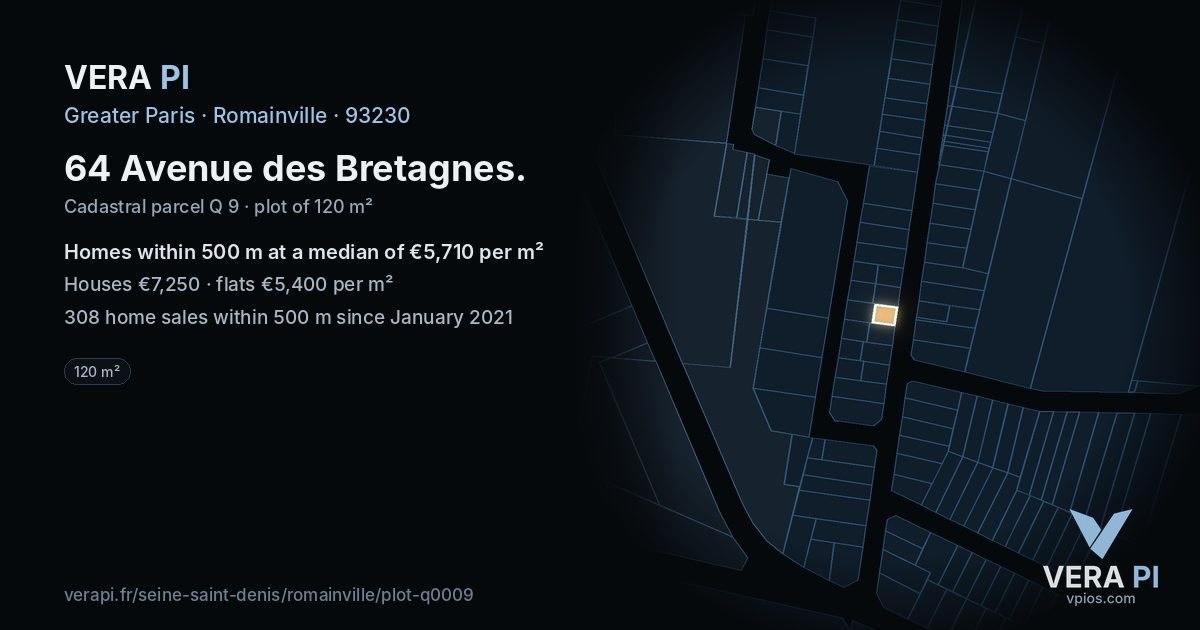 64 Avenue des Bretagnes, Romainville at night – the plot lit, the parcels around coloured by the prices near them