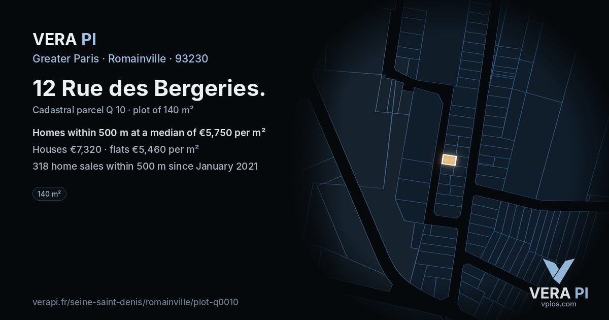 12 Rue des Bergeries, Romainville at night – the plot lit, the parcels around coloured by the prices near them