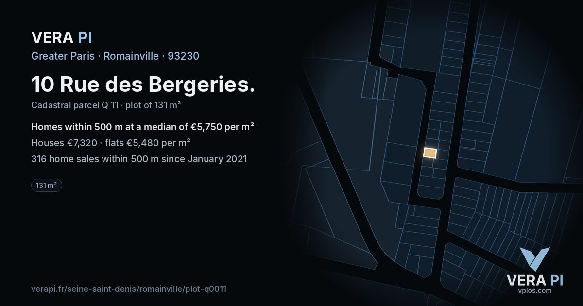 10 Rue des Bergeries, Romainville at night – the plot lit, the parcels around coloured by the prices near them