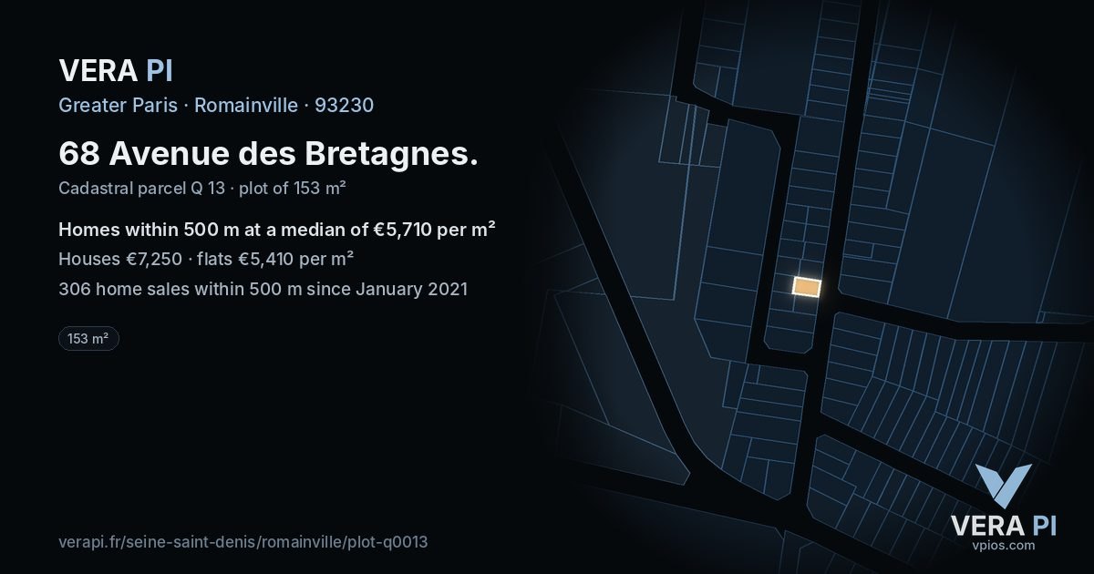68 Avenue des Bretagnes, Romainville at night – the plot lit, the parcels around coloured by the prices near them