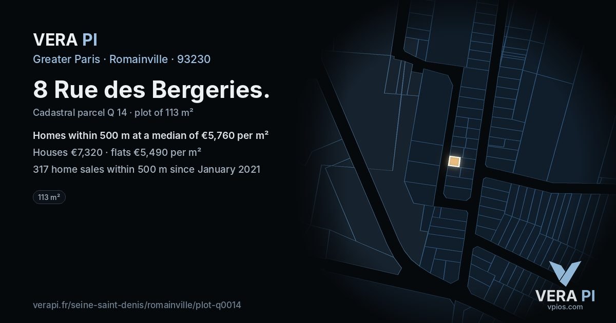 8 Rue des Bergeries, Romainville at night – the plot lit, the parcels around coloured by the prices near them
