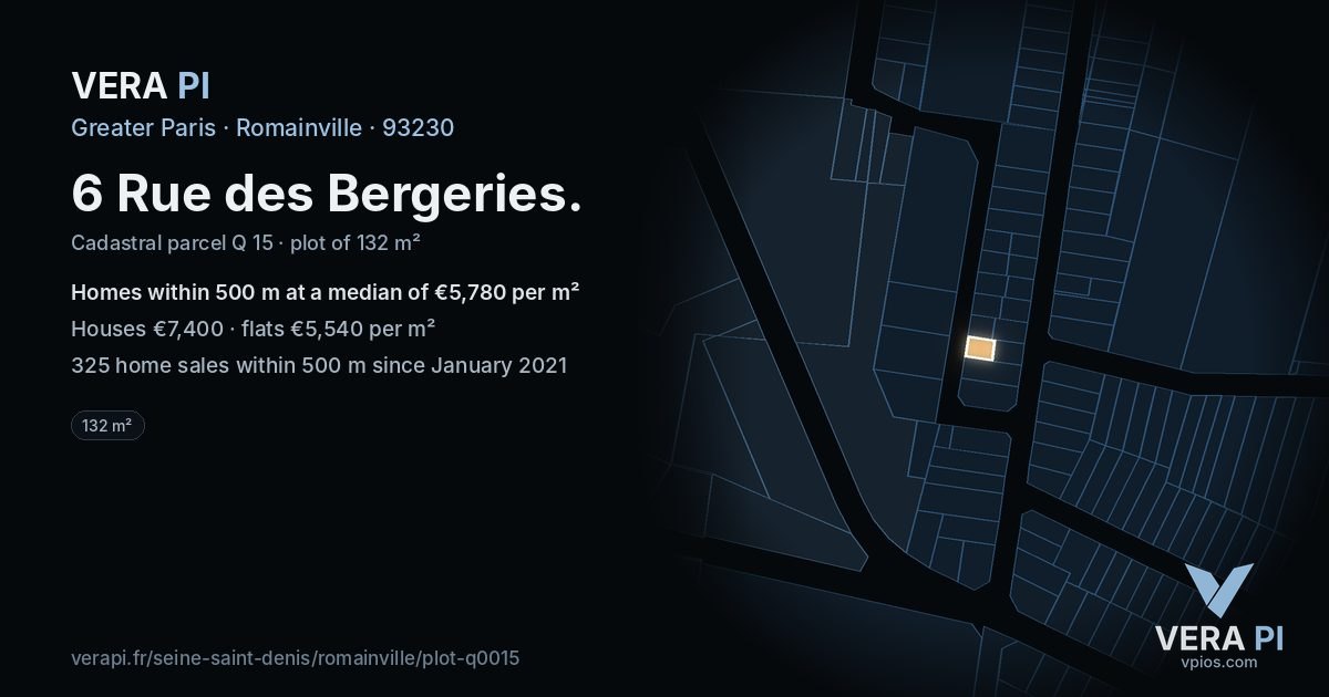 6 Rue des Bergeries, Romainville at night – the plot lit, the parcels around coloured by the prices near them