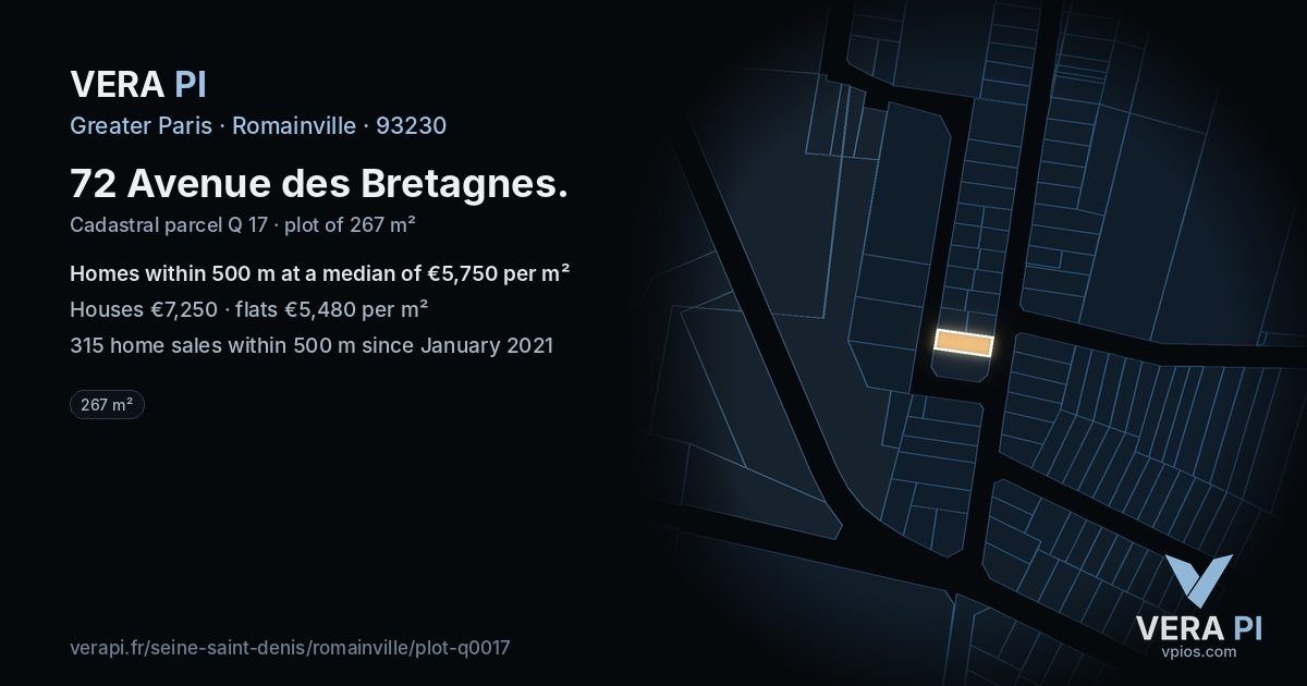 72 Avenue des Bretagnes, Romainville at night – the plot lit, the parcels around coloured by the prices near them