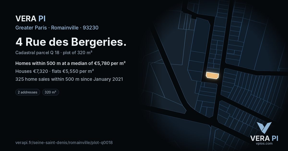4 Rue des Bergeries, Romainville at night – the plot lit, the parcels around coloured by the prices near them