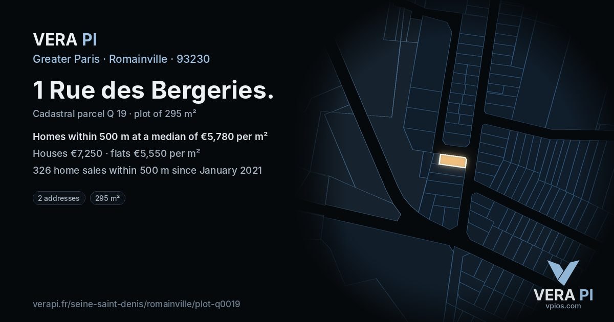 1 Rue des Bergeries, Romainville at night – the plot lit, the parcels around coloured by the prices near them