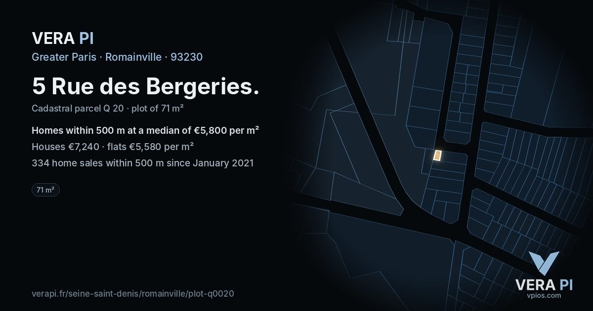 5 Rue des Bergeries, Romainville at night – the plot lit, the parcels around coloured by the prices near them