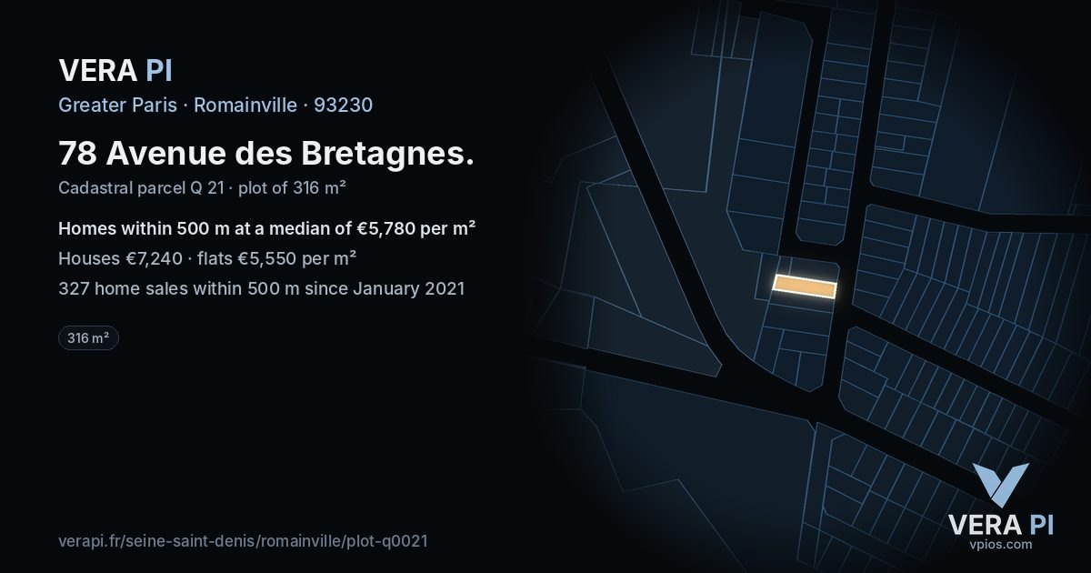 78 Avenue des Bretagnes, Romainville at night – the plot lit, the parcels around coloured by the prices near them